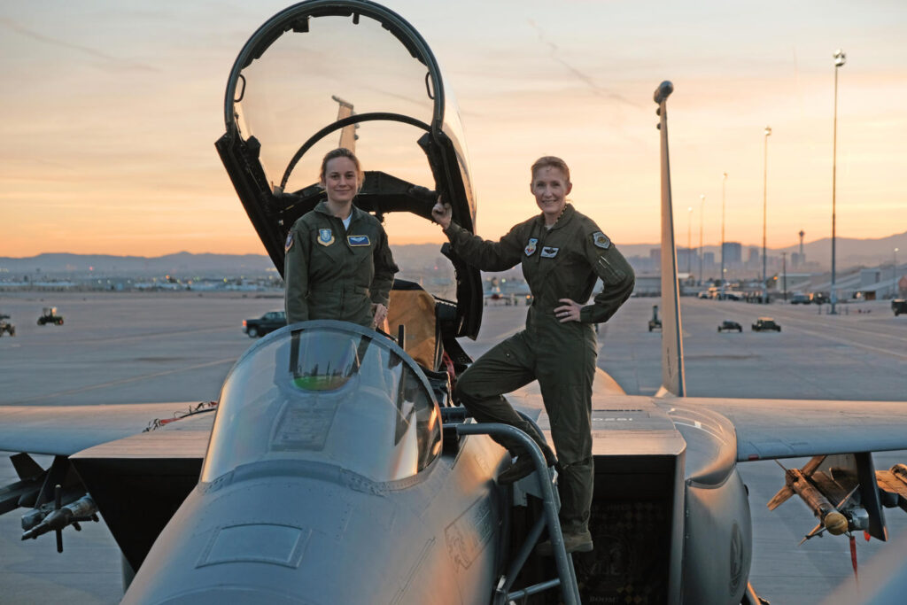 Brie Larson gets hands-on help from Brigadier General Jeannie Leavitt, 57th Wing Commander, on a trip to Nellis Air Force Base in Nevada to research her character, for the film, "Captain Marvel."Brad Baruh/Marvel Studios